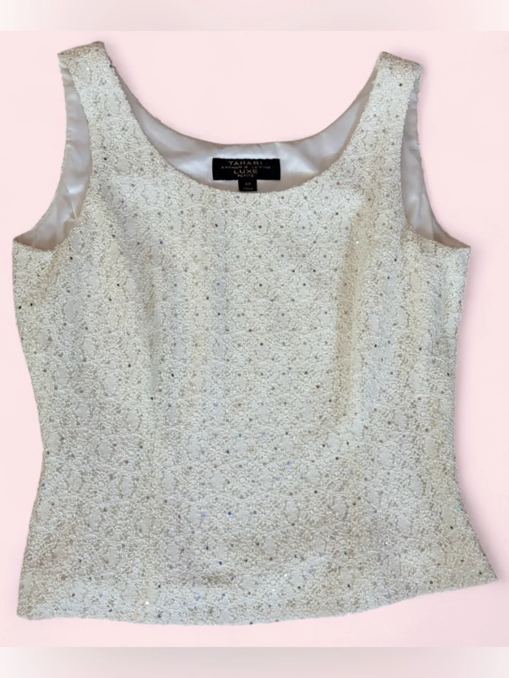 Tahari Luxe Off White Sequin Sleeveless Shell Top Petite 4P Party Glam Evening